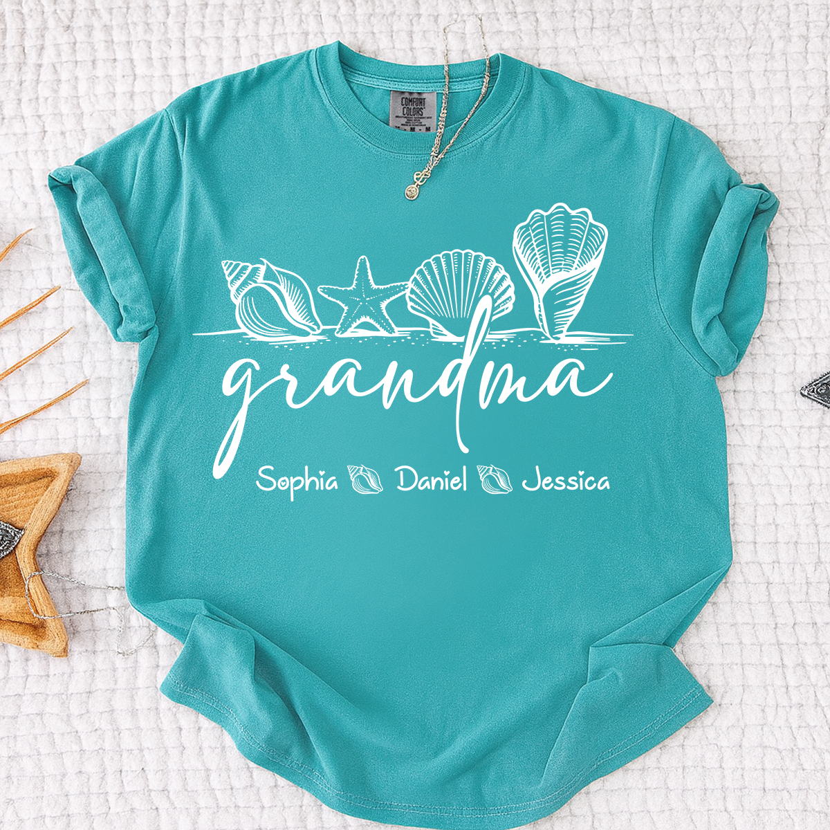 Comfort Colors Custom Grandma Seashell Shirt, Personalized Grandchildren Names Tee, Beach Lover Grandma Gift for Mother's Day and Birthday