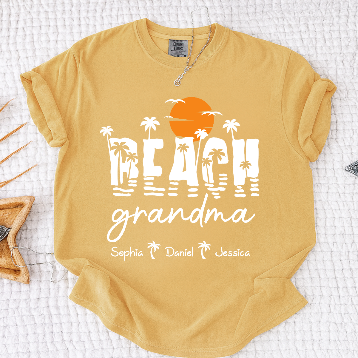 Comfort Colors Personalized Tropical Grandma Shirt – Custom Beach Sunset Palm Tree Tee with Grandchildren Names, Vacation Gift for Her