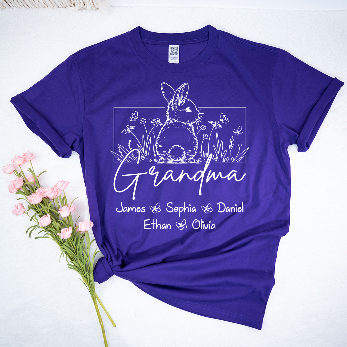Personalized Grandma Bunny Shirt With Grandkids Names, Custom Easter Grandma Line Art T Shirt