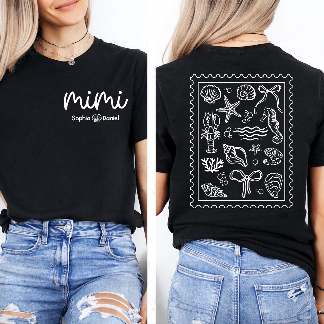 Custom Mimi Shirt with Grandchildren Names, Coastal Seashell Stamp Design Back Print Tee, Beach Lover Gift for Women