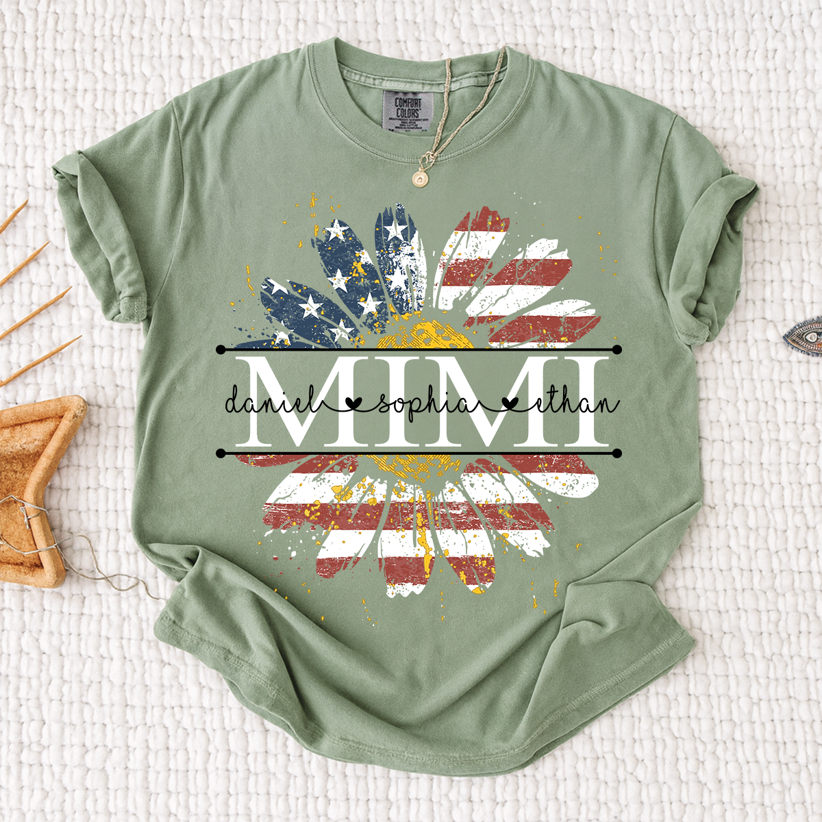 Comfort Mimi Daisy Shirt With American Flag Print, Custom Name, Floral Design, Personalized Family t-shirt