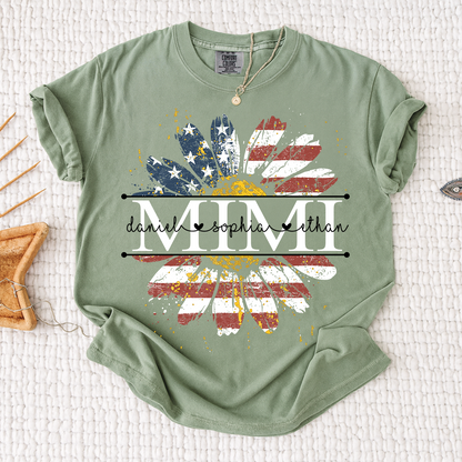 Comfort Mimi Daisy Shirt With American Flag Print, Custom Name, Floral Design, Personalized Family t-shirt
