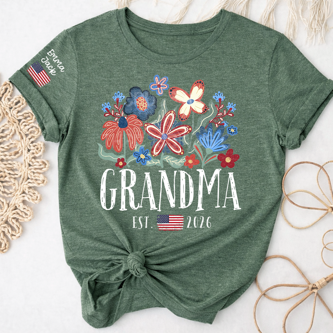 Personalized Flag America Grandma Floral Shirt with Custom Grandkids Names, Colorful Flower Design