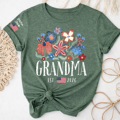 Personalized Flag America Grandma Floral Shirt with Custom Grandkids Names, Colorful Flower Design
