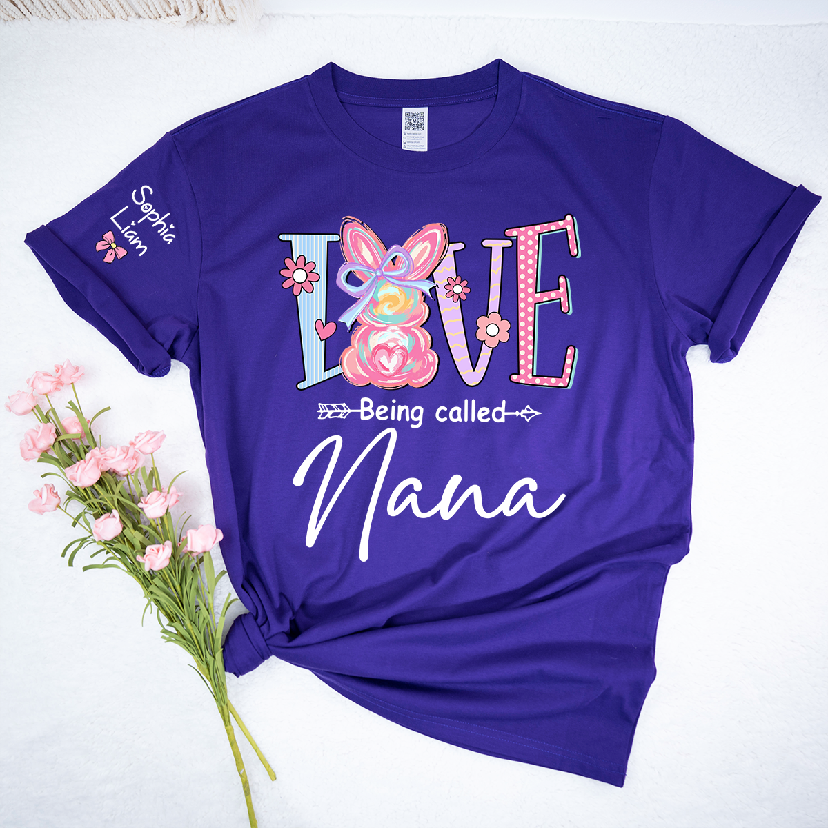 Love Being Called Nana Shirt Personalized, Custom Bunny Grandma Tee with Grandchild Name
