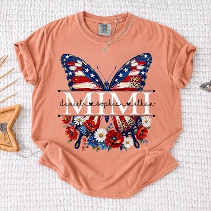 Comfort Custom Mimi T Shirt with Grandkids Names, American Flag Butterfly Family Tee