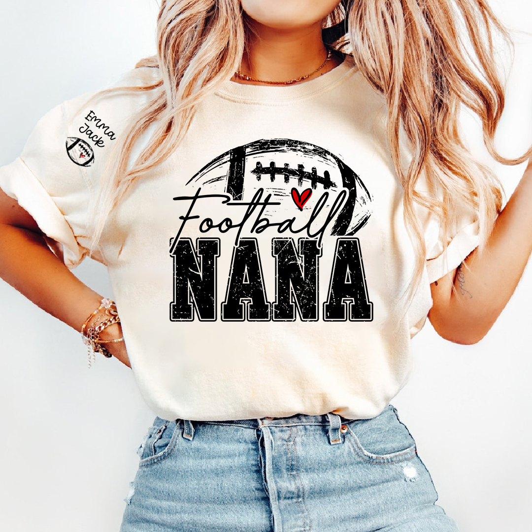 Personalized Nana Football Shirt with Heart, Custom Football Tee Kids Names And Grandma