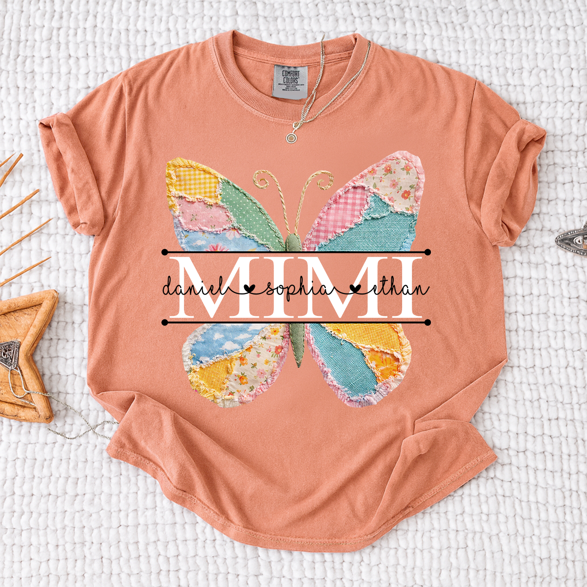 Comfort Personalized Mimi Shirt with Grandkids Names, Butterfly Patchwork Design Family Tee