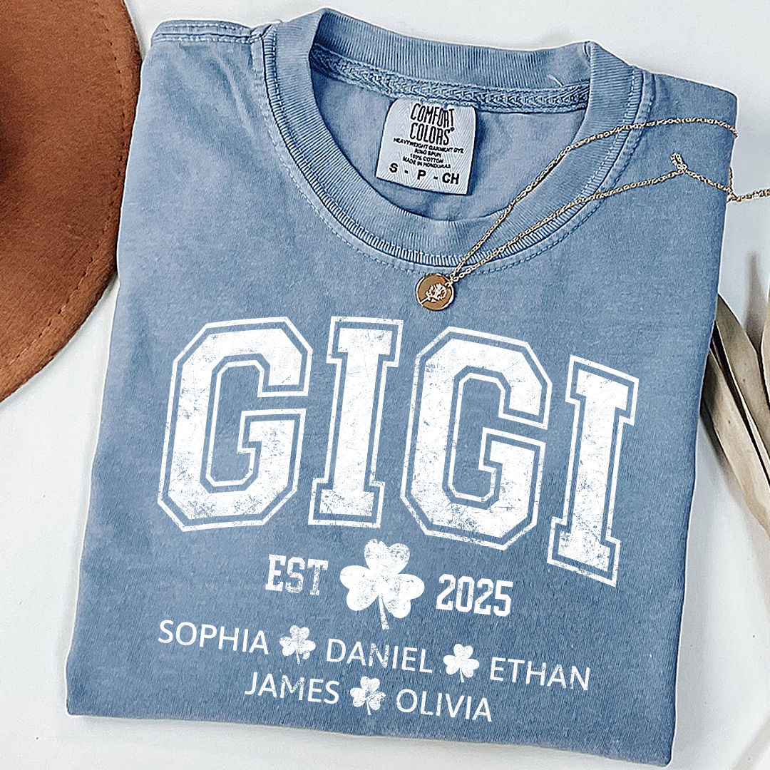 Comfort Colors St Patrick’s Day Gigi Shirt Est 2025, Custom Grandma T Shirt with Kids Names Shamrock Design