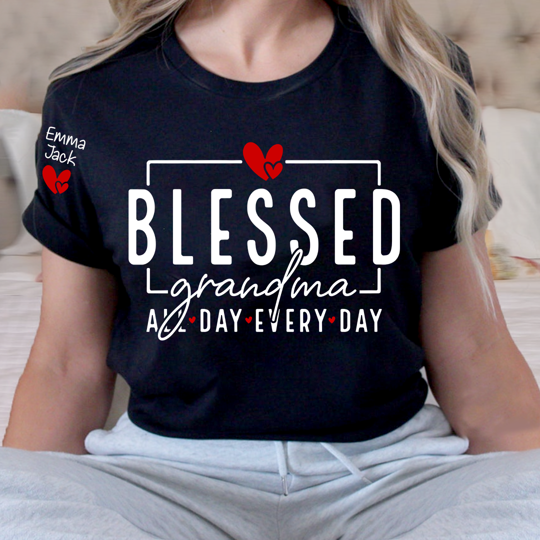 Blessed Grandma All Day Every Day Shirt, Personalized Family T Shirt with Grandkids Names and Heart Design