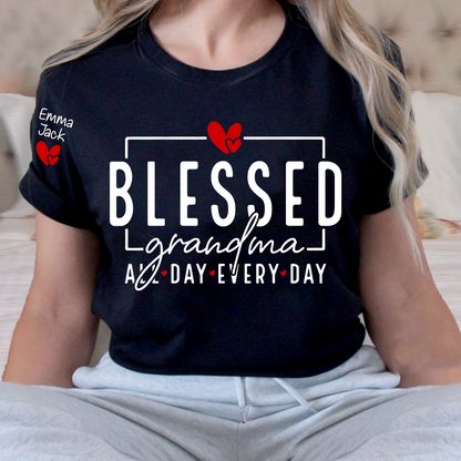 Blessed Grandma All Day Every Day Shirt, Personalized Family T Shirt with Grandkids Names and Heart Design