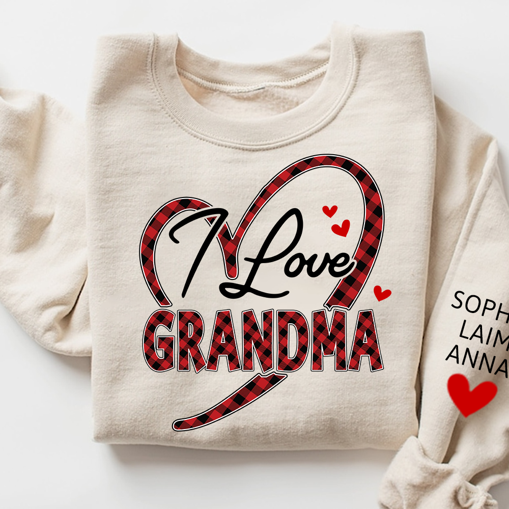 Custom Grandma Sweatshirt with Grandchildren Names, I Love Grandma Plaid Heart Crewneck