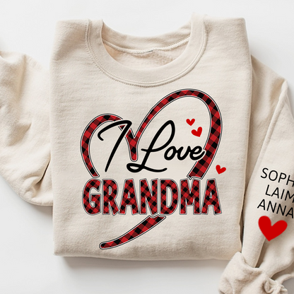 Custom Grandma Sweatshirt with Grandchildren Names, I Love Grandma Plaid Heart Crewneck