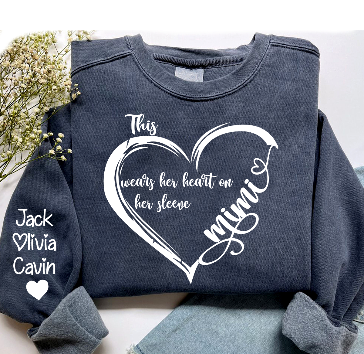Personalized Grandma Heart Sweatshirt, Custom Mom This Grandma Wears Her Heart On Her Sleeve With Grandkids Sweatshirt