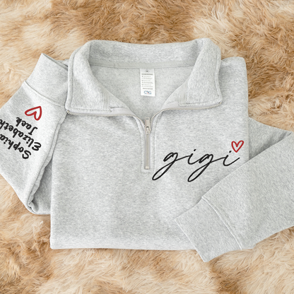 Personalized Hand Embroidered Gigi Est Sweater, Gift for Grandma and Kids Quarter Zip Sweater