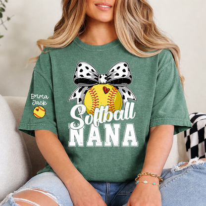 Proud Softball Nana T Shirt, Personalized Kids Names Sports Shirt with Bow Graphic