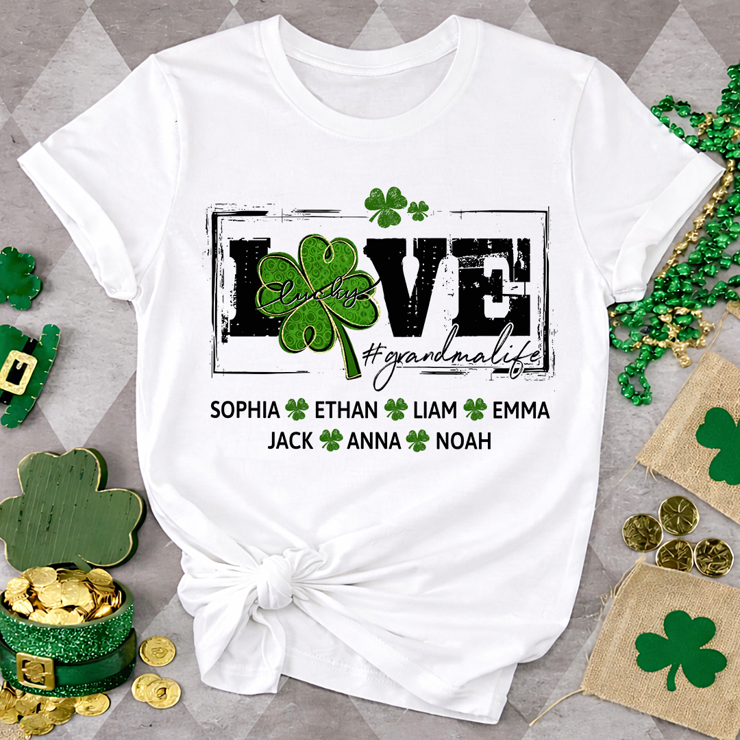 Grandma St Patrick’s Day Shirt, LOVE Shamrock Grandmalife Personalized Family T Shirt