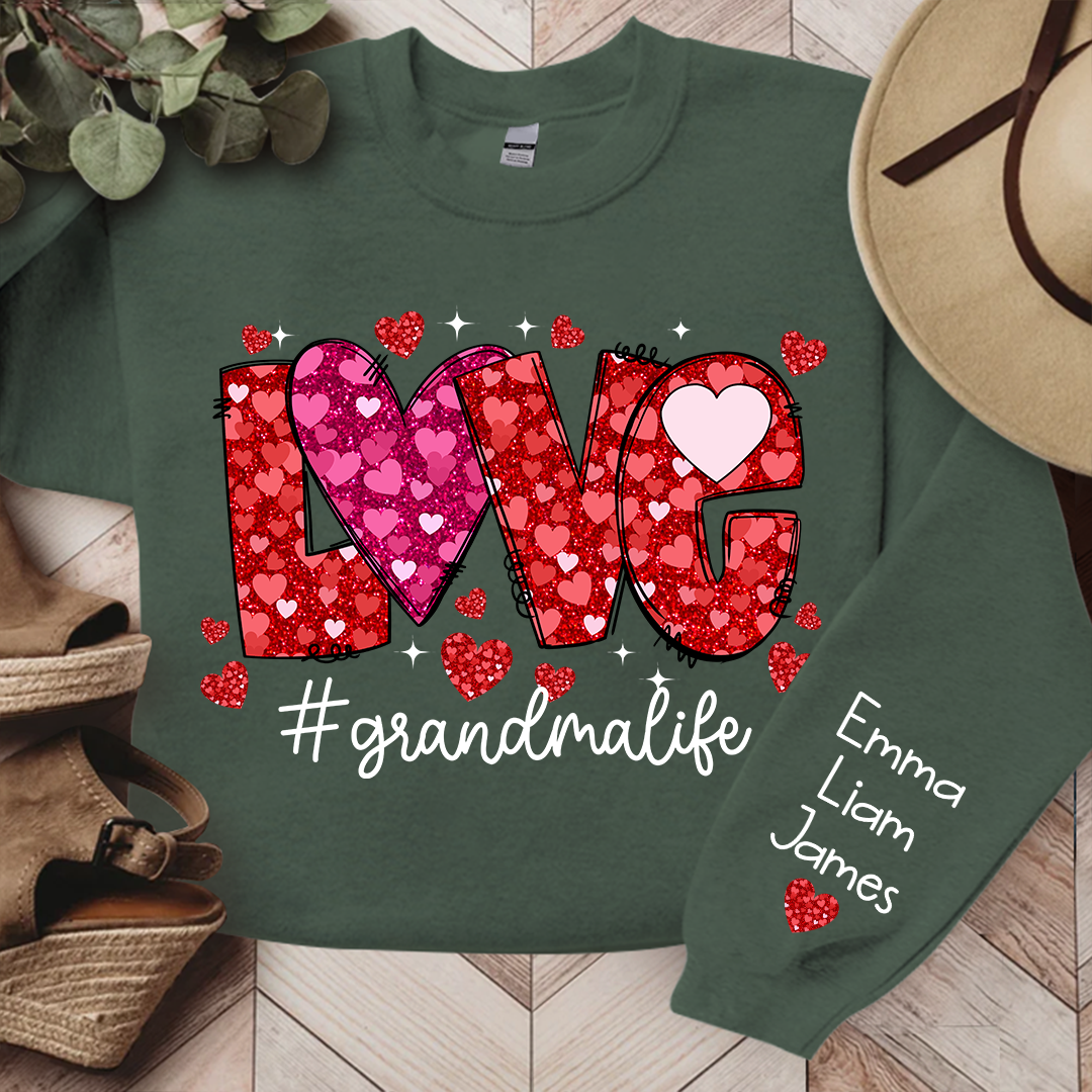 Love Pink Valentine Grandma Life, Custom Grandma And Kids, Grandma Gift TH Sweatshirt