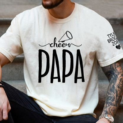 Custom Cheer Papa Tee, Personalized Dad's Cheer T-Shirt with Kid's Names