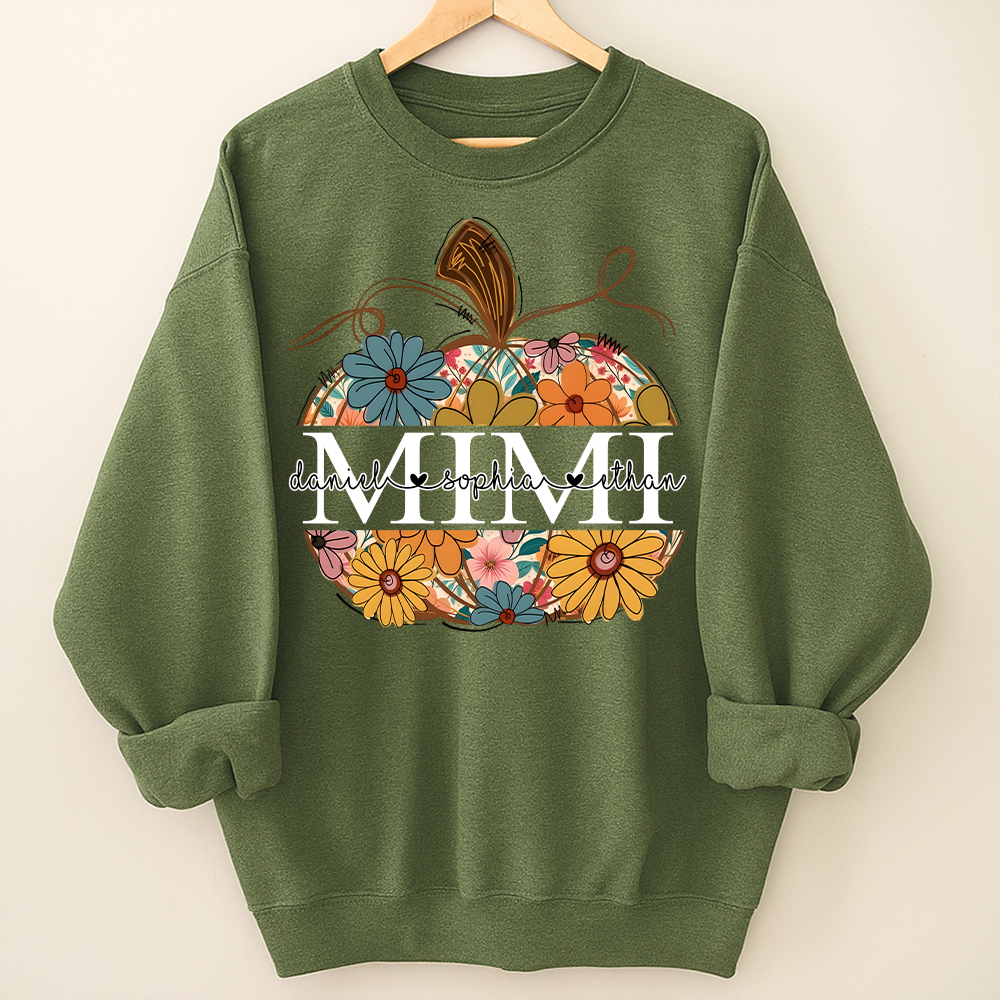 Custom Mimi Pumpkin Sweatshirt with Grandchildren Names, Personalized Floral Fall Shirt, Grandma Thanksgiving Gift
