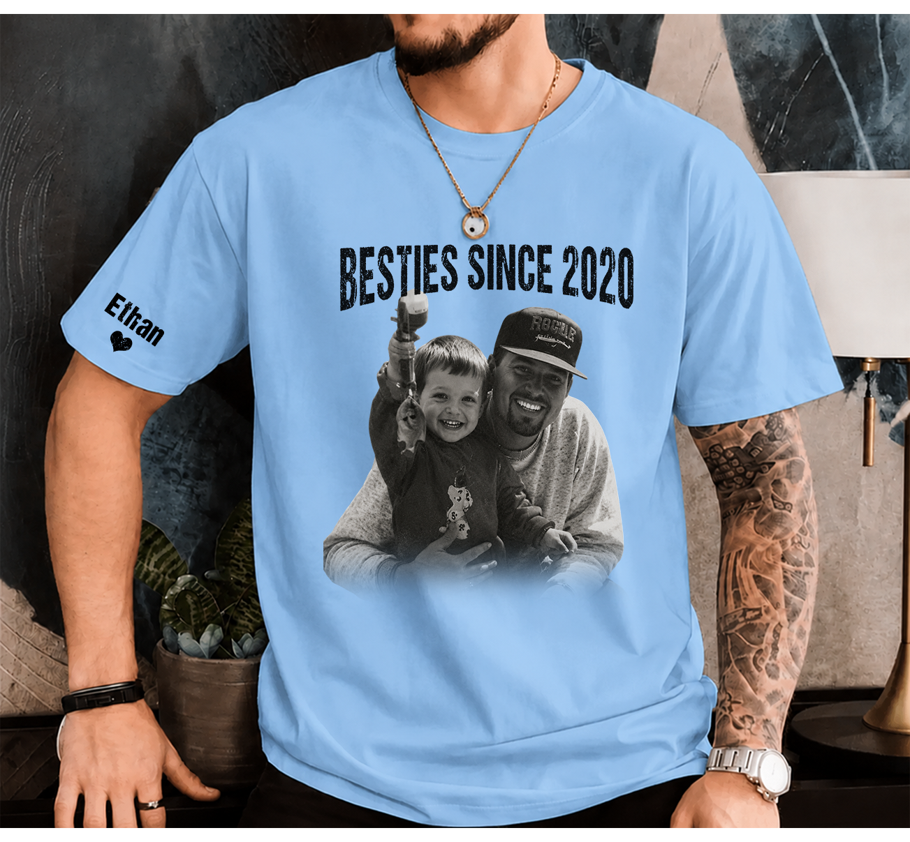 Personalized Besties Since Shirt with Custom Photo and Name on Sleeve Gift for Father’s Day
