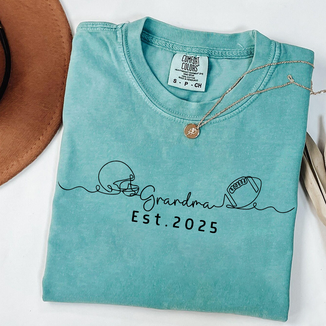 Comfort Colors® Custom Football Helmet and Ball Graphic Tee, Grandma Est. 2025 T-Shirt