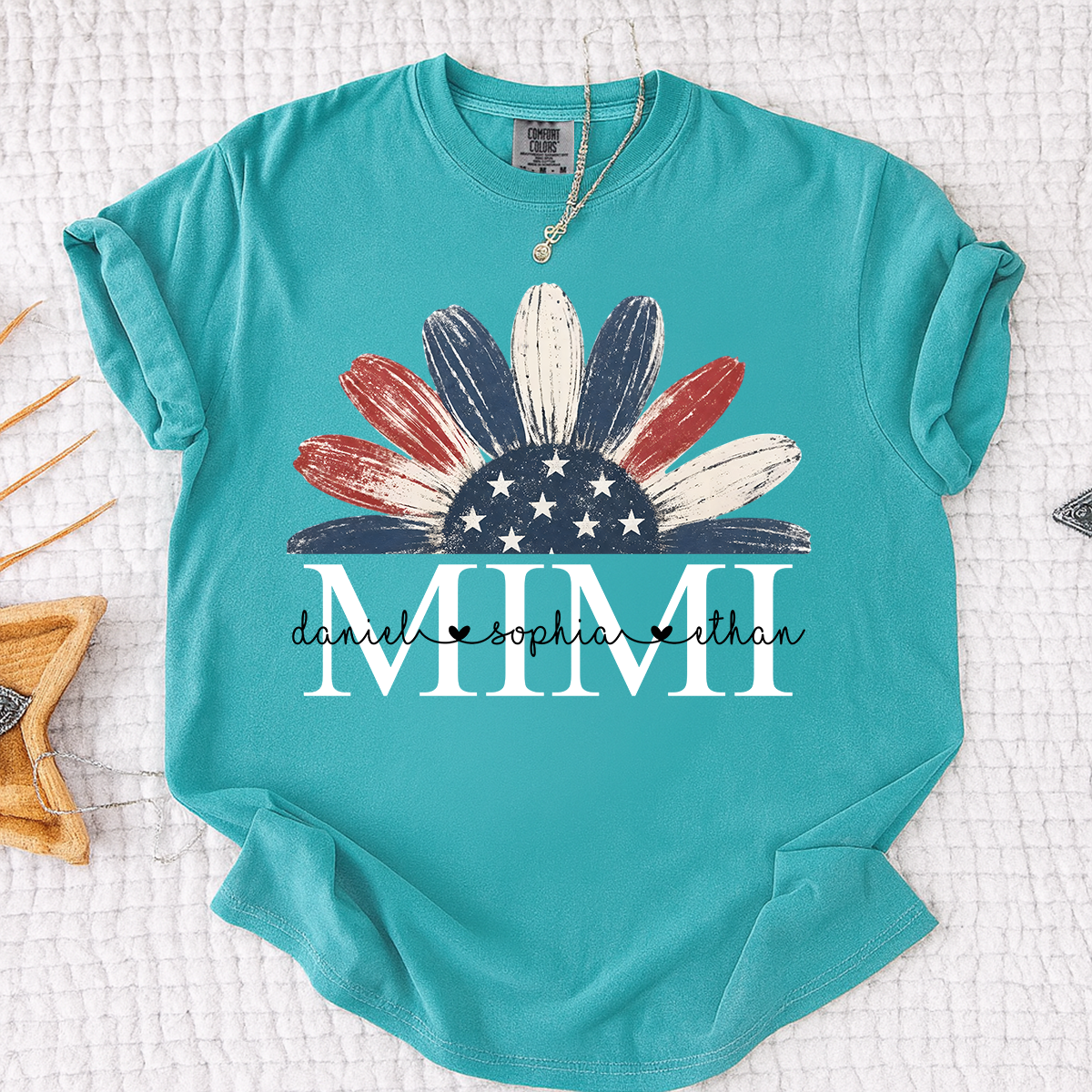 Comfort Colors Floral Mimi T Shirt, Custom Name Design with American Flag, Personalized Grandma Gift, Patriotic 4th of July Shirt
