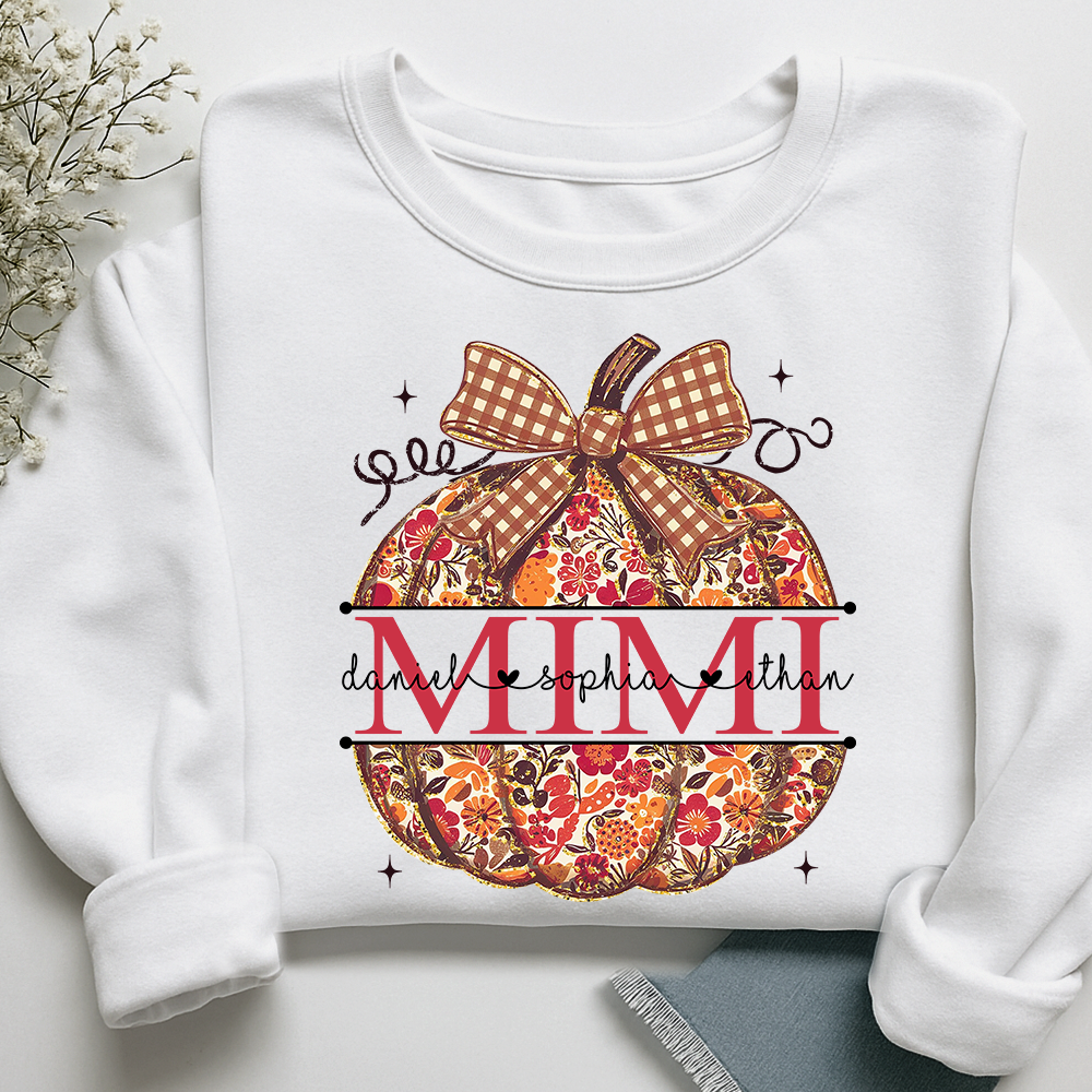 Custom Mimi Autumn T Shirt, Pumpkin Floral Grandma Shirt, Funny Fall Graphic Tee, Personalized Family Names Gift for Mimi