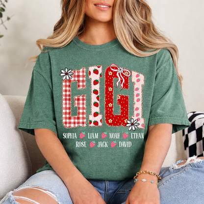 Gigi Personalized Grandma T-Shirt With Strawberry And Flower Motifs, Bearing Her Grandchildren's Names