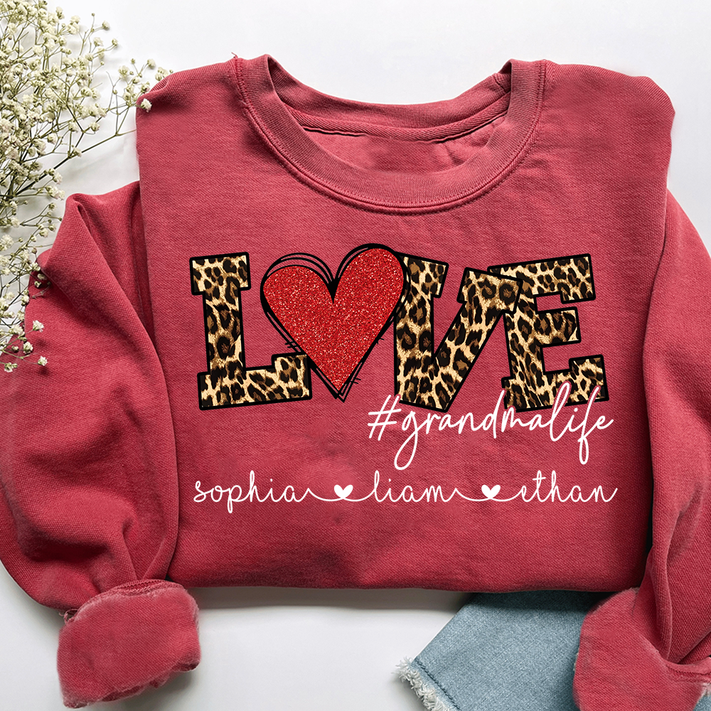 Personalized Grandma Sweatshirt with Grandkids Names, LOVE Leopard Heart Design, Grandma Life Custom Family Crewneck
