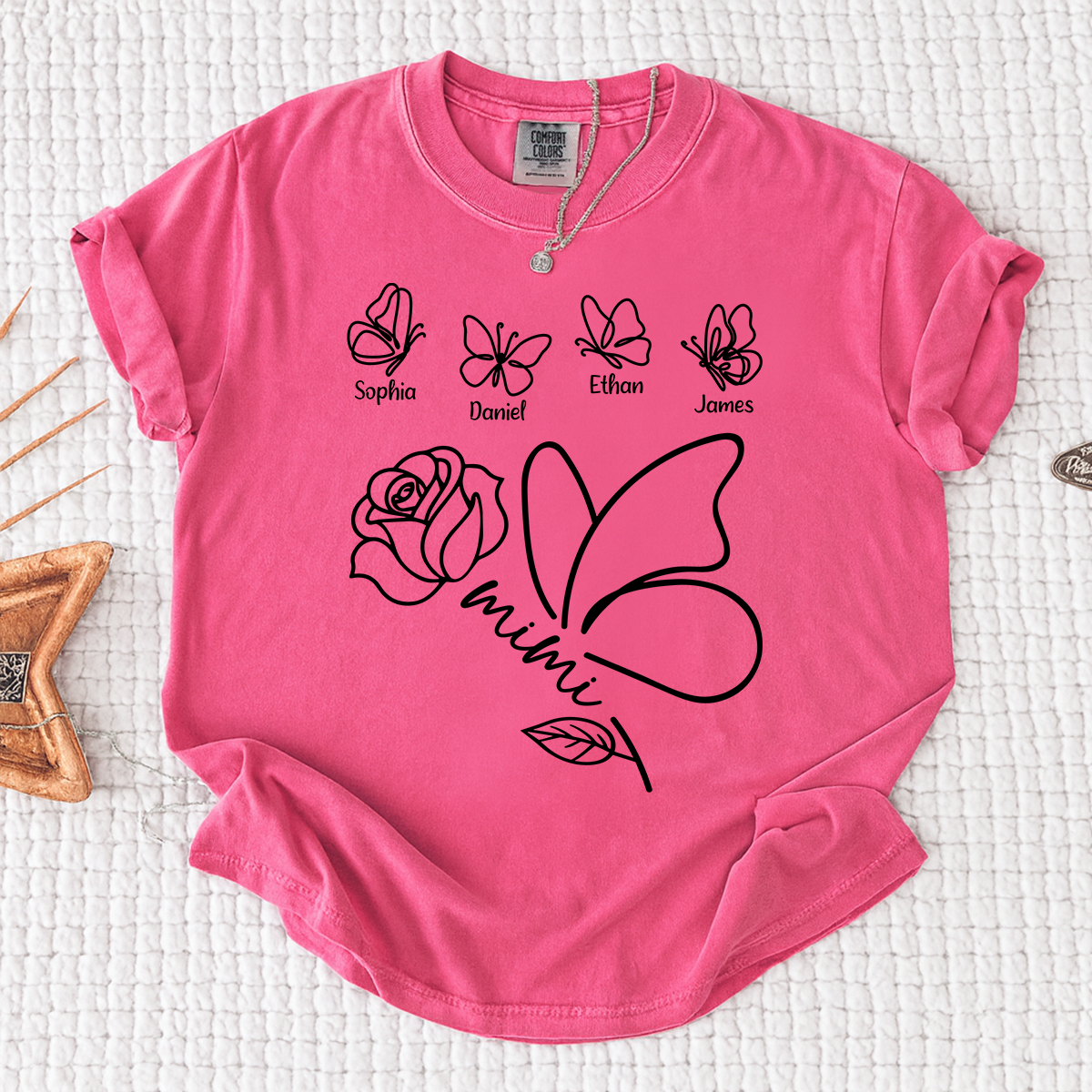 Comfort Colors Custom Mimi Shirt, Butterfly and Rose Graphic, Personalized with Kids Names, Family Gift