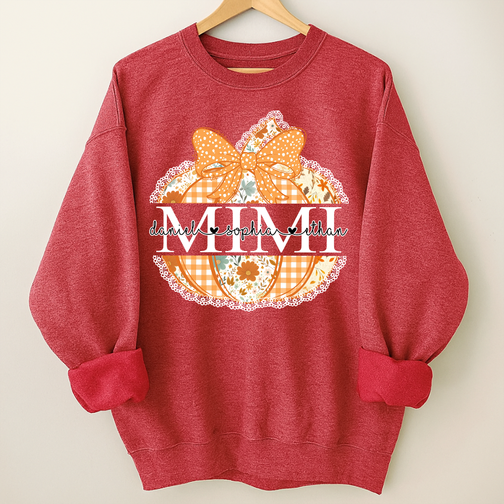 Personalized Mimi Pumpkin Shirt with Grandkids Names, Custom Fall Sweatshirt, Floral Pumpkin Grandma Gift, Thanksgiving Apparel