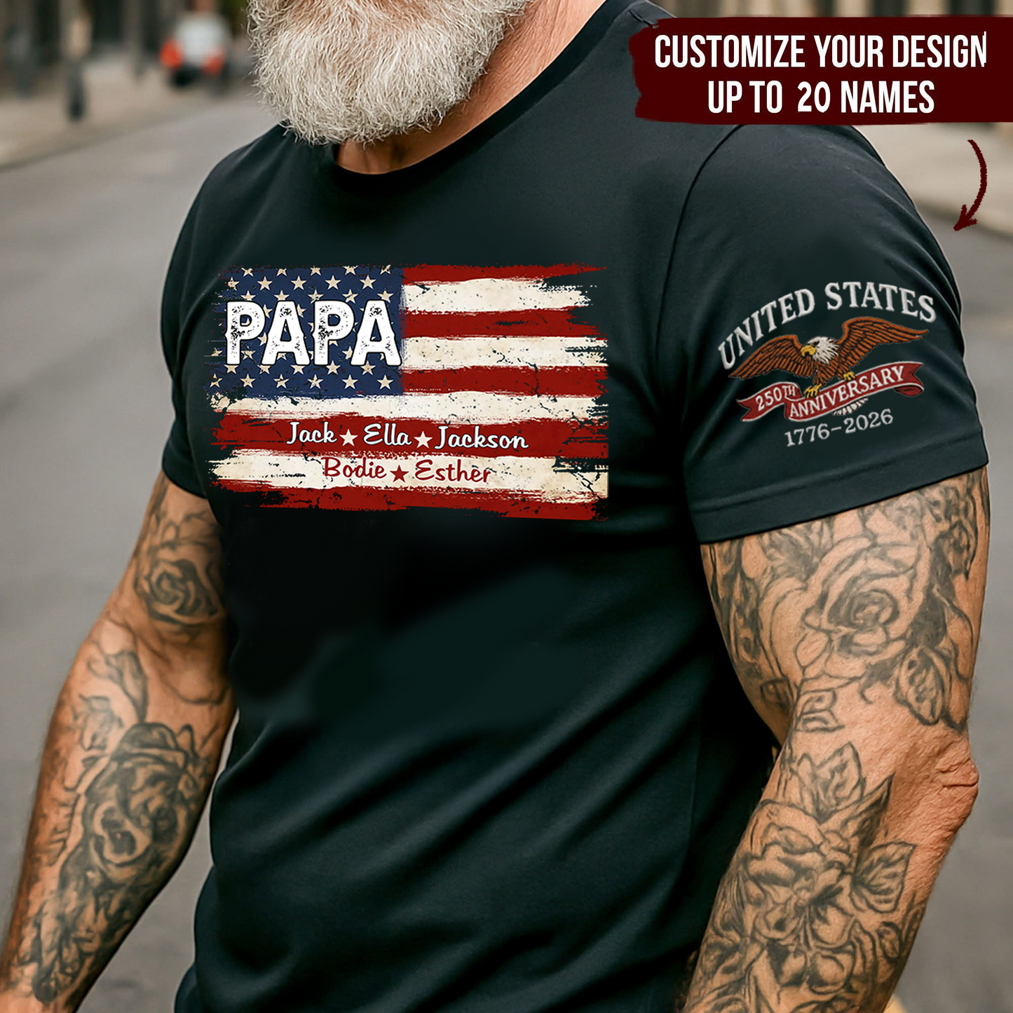 Custom Papa American Flag Shirt with Kids Names, Personalized Patriotic Papa T Shirt Family Gift