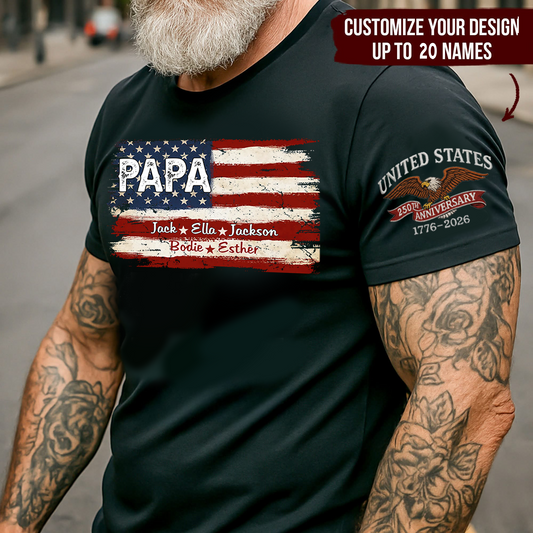 Custom Papa American Flag Shirt with Kids Names, Personalized Patriotic Papa T Shirt Family Gift
