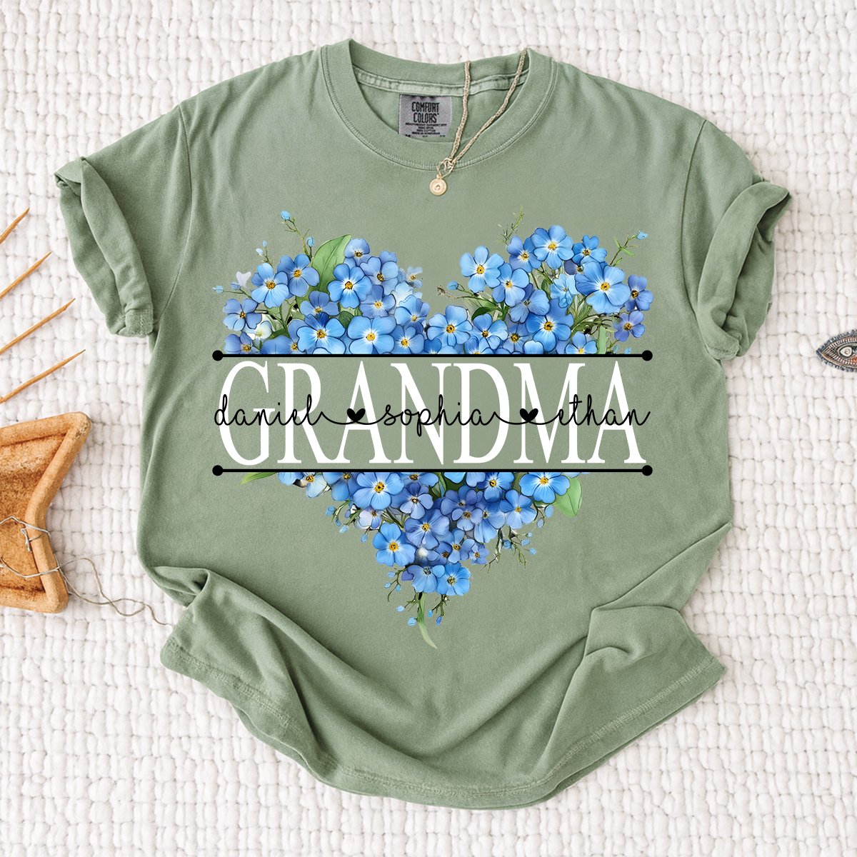 Comfort Mimi Blue Floral Shirt with Custom Grandchildren Names, Heart Family Tee