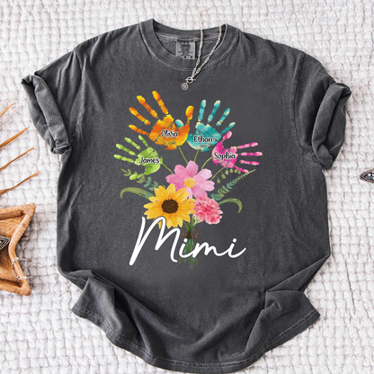 Custom Mimi Shirt, Personalized Handprints and Flowers with Family Names, Idea Gift for Mimi