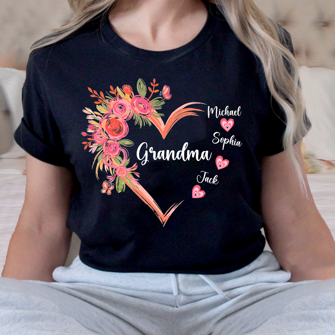 Personalized Grandma Floral Heart Shirt with Grandkids Names, Family Love T Shirt Gift