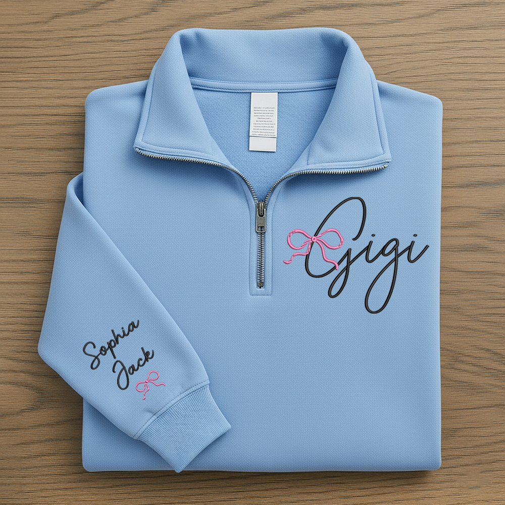 Custom Gigi Embroidered Quarter Zip – Personalized Sweatshirt For Grandma Or Gigi With Kids Names And Pink Bow Design