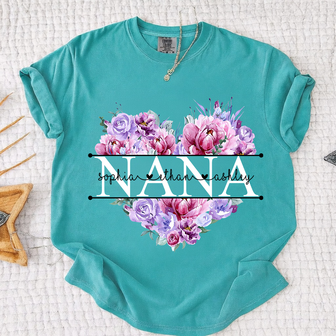 Comfort Color Personalized Nana Shirt Purple Floral Heart Design Custom Grandma Mimi Gigi Name Tee with Grandkids Names Elegant Family Outfit for Women