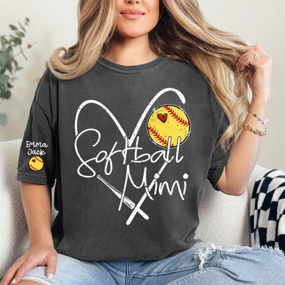 Softball Mimi Shirt Personalized with Grandkids Names, Heart and Bat Sports Family T Shirt