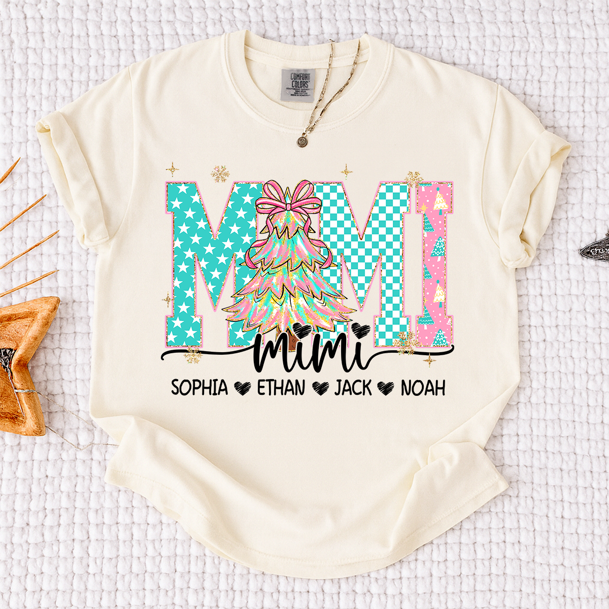 Comfort Colors® Personalized Mimi Christmas Shirt, Custom Holiday Tree Shirt with Kids Names