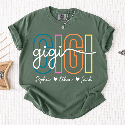 Comfort Colors® Personalized Gigi Shirt with Grandkids Names, Custom Grandma Tee, Colorful Gigi Name Shirt, Gift for Grandmother from Grandchildren