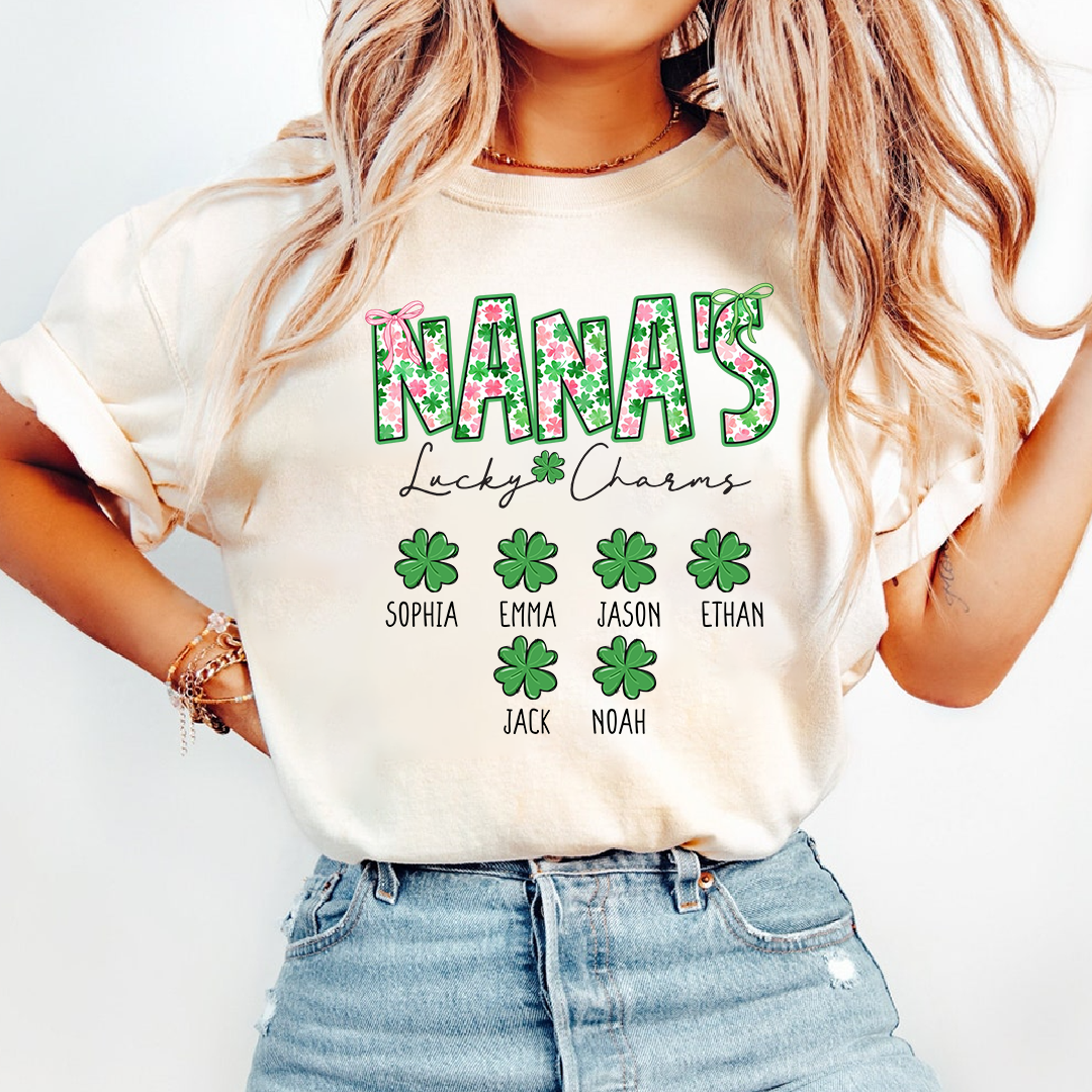 Nana’s Lucky Charms Shirt, Personalized St Patrick’s Day Shamrock Family T-Shirt