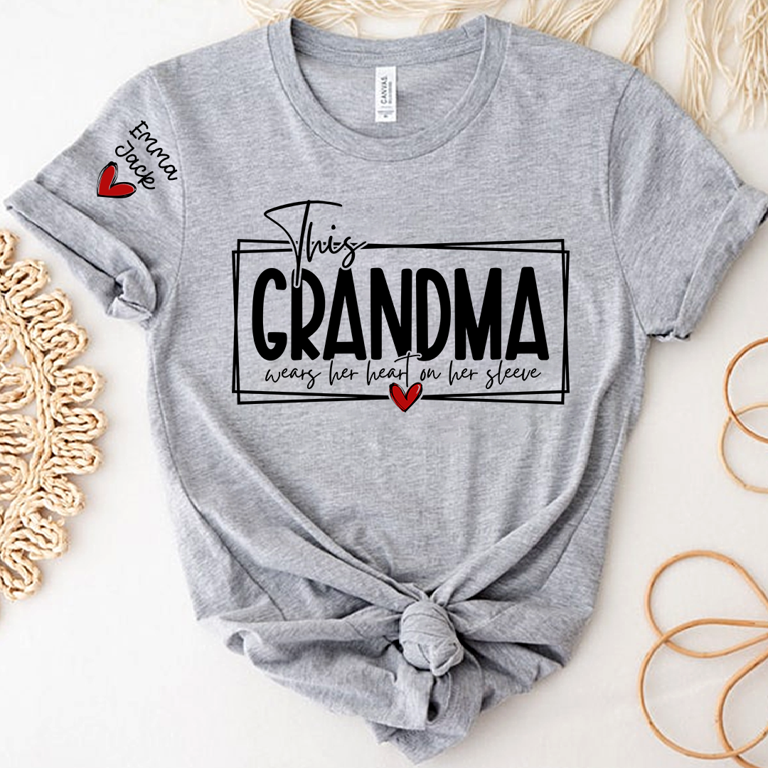 Custom Grandma Family Shirt, This Grandma Wears Her Heart Quote T Shirt
