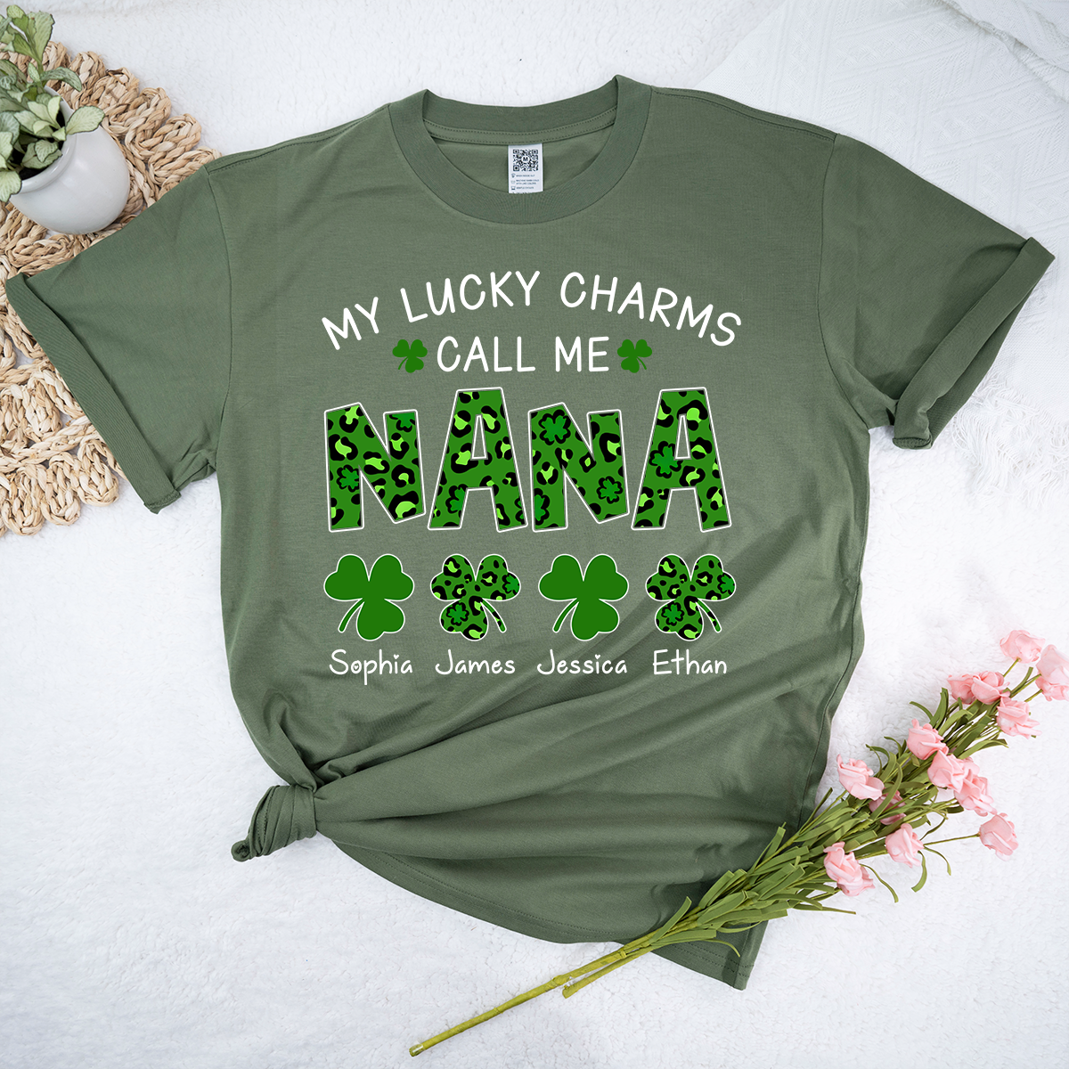 My Lucky Charms Call Me Nana Personalized Shirt, Custom Grandma Name Shirt With Kids Names, St Patrick’s Day Irish Theme Gift