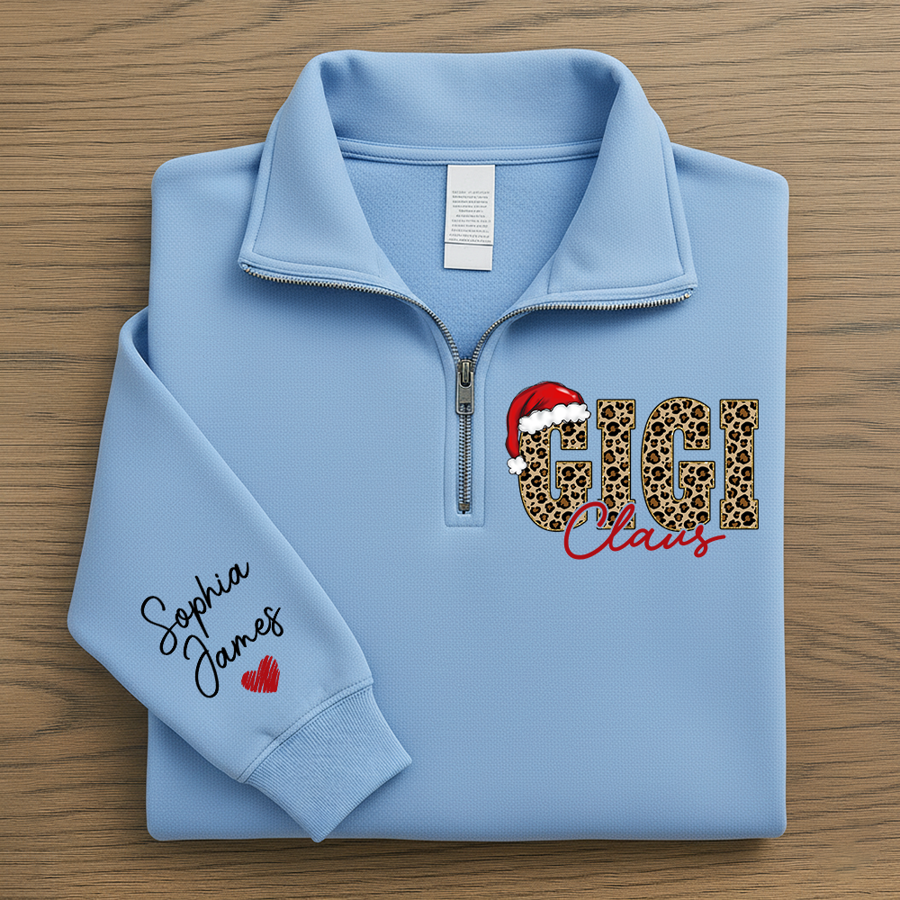 Gigi Claus Leopard Christmas Quarter Zip – Custom Name Sweatshirt Gift For Grandma
