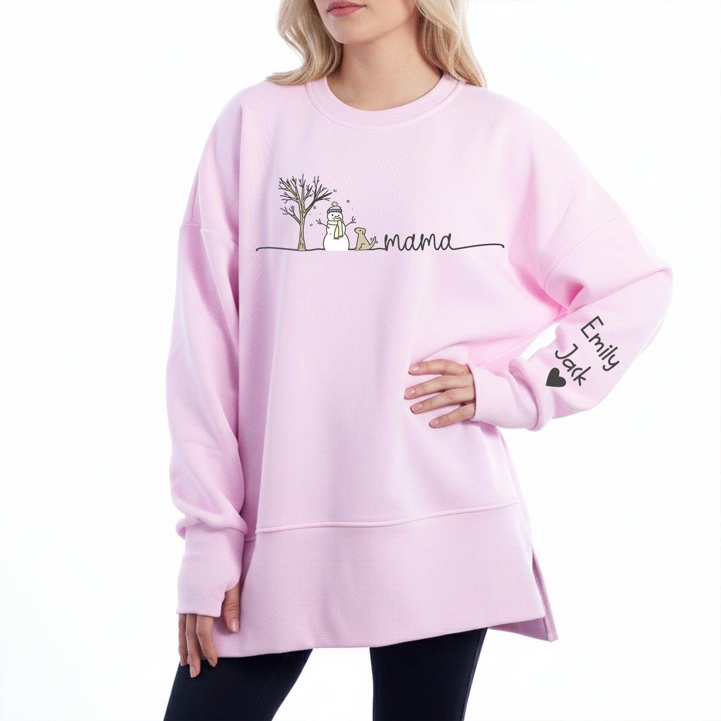 Custom Mama And Kids Name Women Oversized Sweatshirt – Personalized Thumbhole Long Sleeve Pullover, Cozy Fall Side Slit Sweater