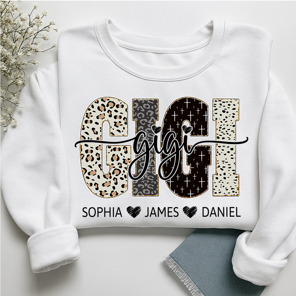 Personalized GiGi Sweatshirt With Grandkids Names, Custom Leopard Print Grandma Pullover