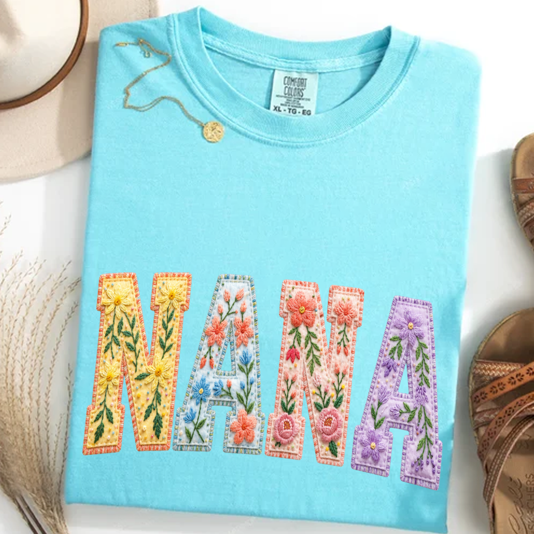 Personalized Nana Shirt Floral Embroidery Design Custom Grandma Mimi Gigi Name Tee with Grandkids Names Vibrant Flower Pattern Family Gift for Women
