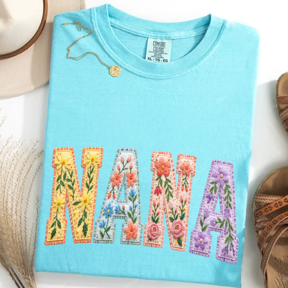 Personalized Nana Shirt Floral Embroidery Design Custom Grandma Mimi Gigi Name Tee with Grandkids Names Vibrant Flower Pattern Family Gift for Women